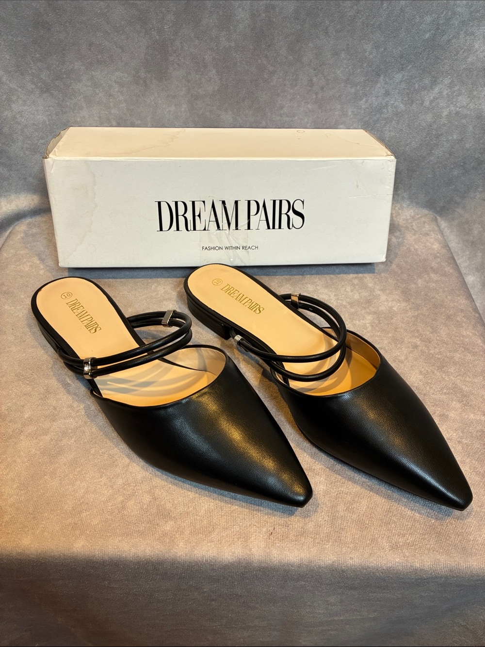 Dream Pairs Black Pointed Toe Double-Strap  Mules